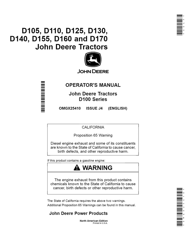 JOHN DEERE D105, D110, D125, D130, D140, D155, D160, D170 TRACTOR OPERATOR MANUAL OMGX25410