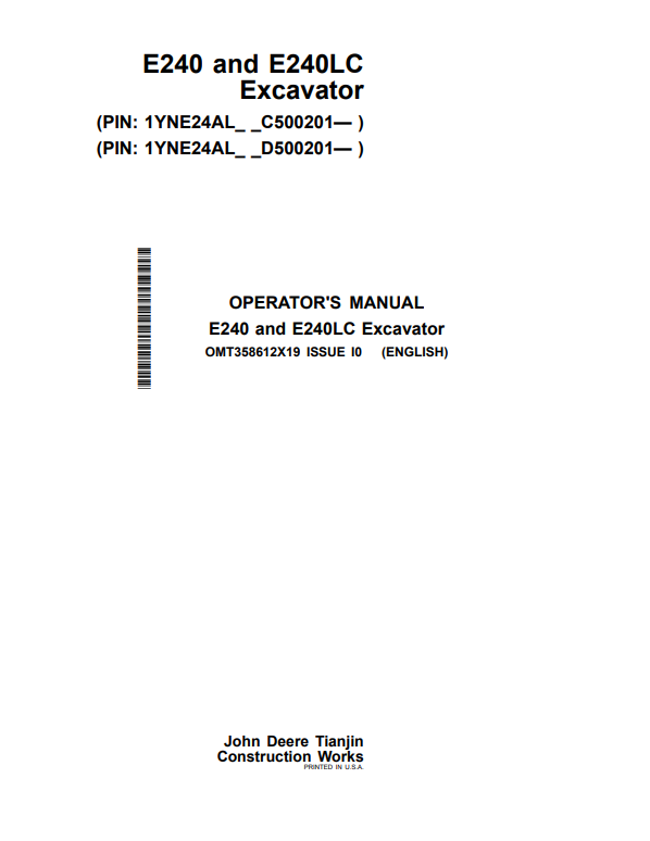 JOHN DEERE E240 AND E240LC EXCAVATOR OPERATOR MANUAL OMT358612X19