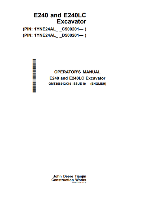 JOHN DEERE E240 AND E240LC EXCAVATOR OPERATOR MANUAL OMT358612X19