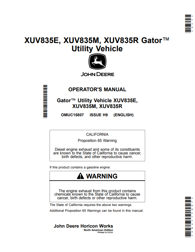 JOHN DEERE XUV835E, XUV835M, XUV835R GATOR™ UTILITY VEHICLE OPERATOR MANUAL OMUC15807