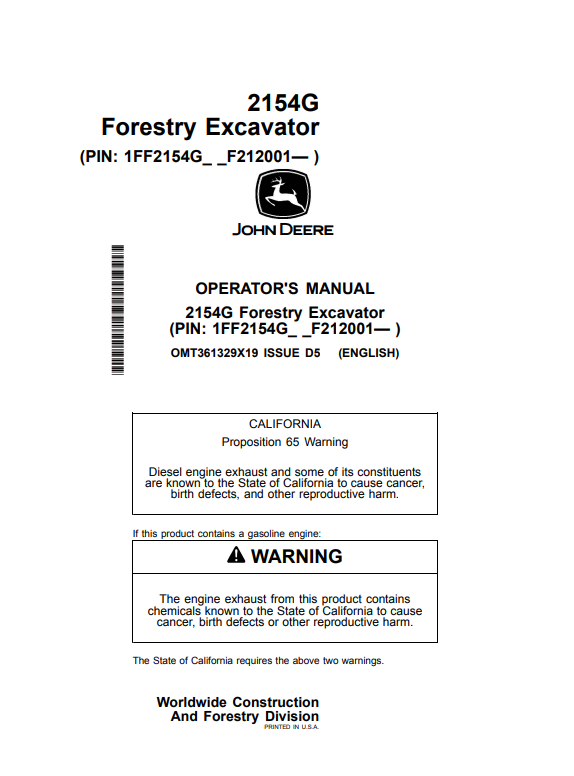 JOHN DEERE 2154G FORESTRY EXCAVATOR OPERATOR MANUAL OMT361329X19