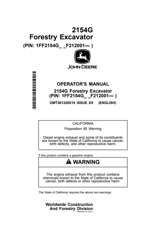 JOHN DEERE 2154G FORESTRY EXCAVATOR OPERATOR MANUAL OMT361329X19