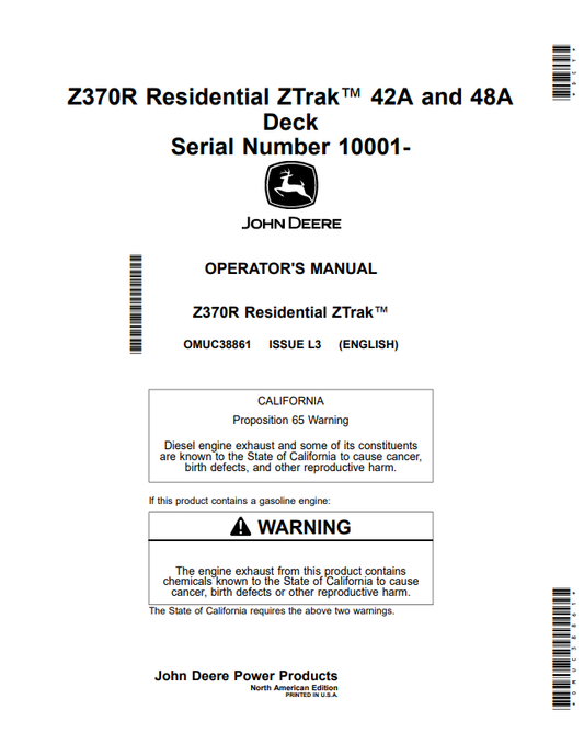 JOHN DEERE Z370R RESIDENTIAL ZTRAK™ 42A AND 48A DECK OPERATOR MANUAL OMUC38861