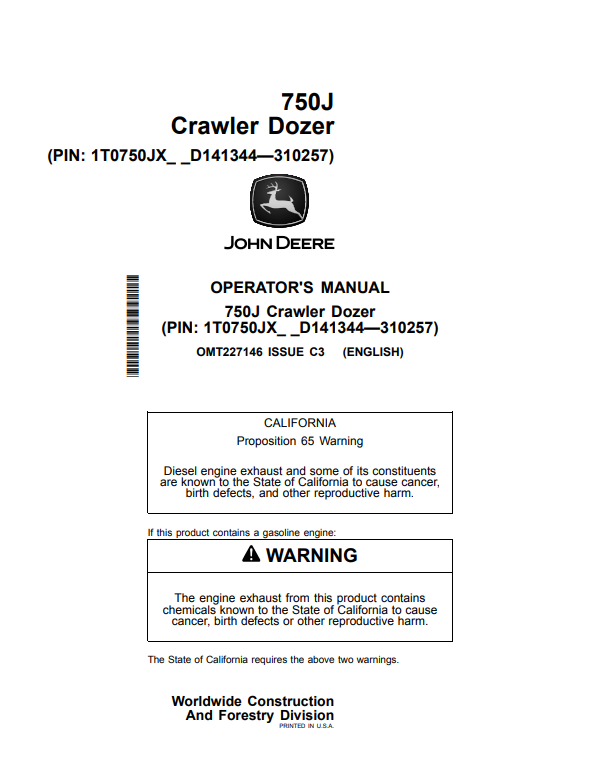 JOHN DEERE 750J CRAWLER DOZER OPERATOR MANUAL OMT227146