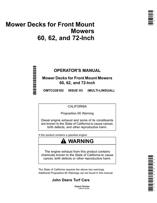JOHN DEERE 60, 62, 72-INCH MOWER DECK FOR MID MOUNT MOWER OPERATOR MANUAL OMTCU28182