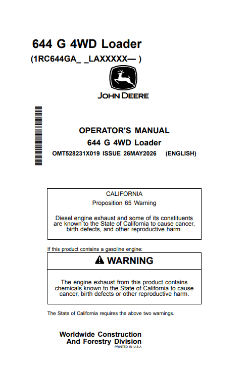 JOHN DEERE 644 G 4WD LOADER OPERATOR MANUAL OMT528231X019