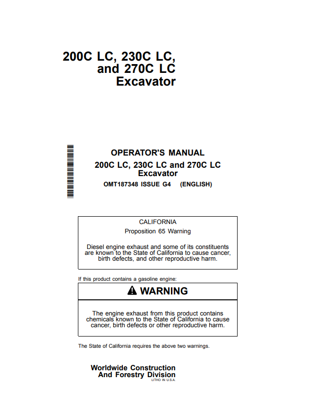 JOHN DEERE 200C LC, 230C LC AND 270C LC EXCAVATOR OPERATOR MANUAL OMT187348