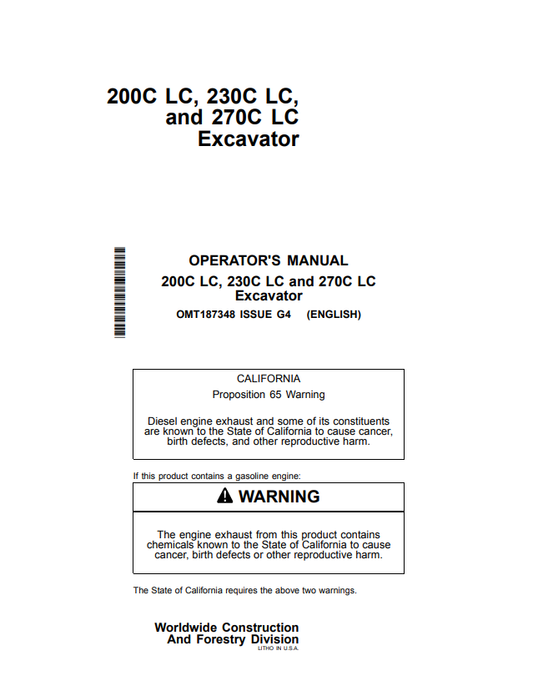 JOHN DEERE 200C LC, 230C LC AND 270C LC EXCAVATOR OPERATOR MANUAL OMT187348