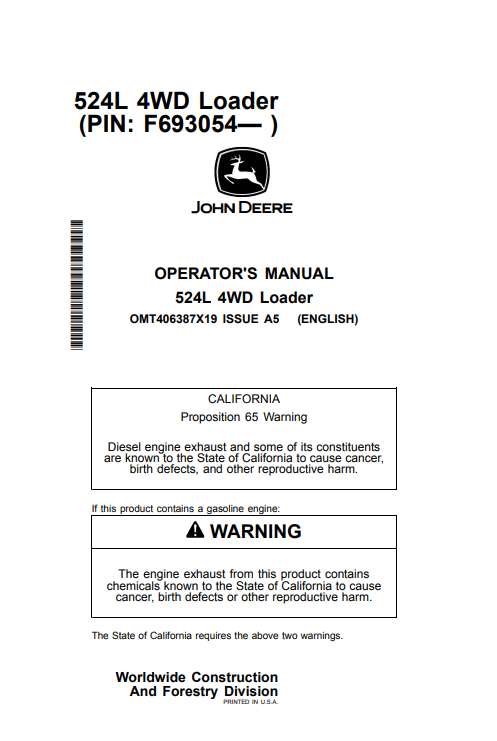 JOHN DEERE 524L 4WD LOADER OPERATOR MANUAL OMT406387X19