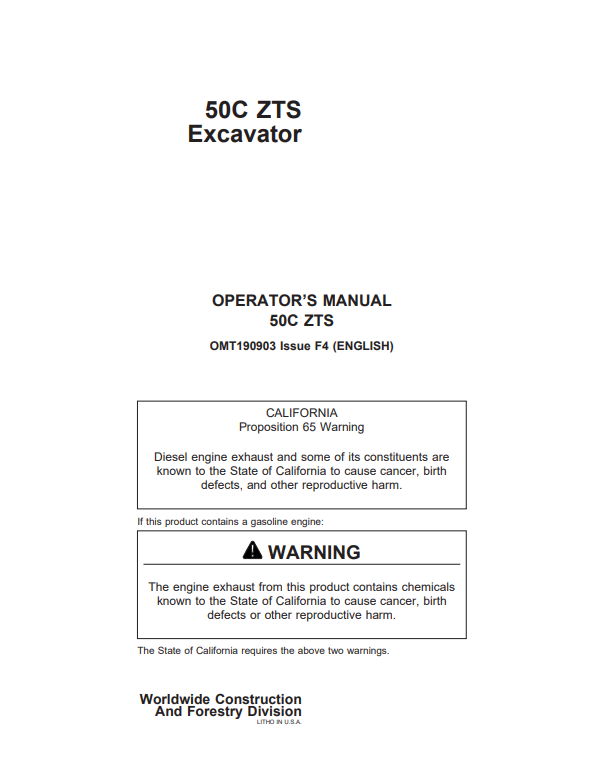 JOHN DEERE 50C ZTS EXCAVATOR OPERATOR MANUAL OMT190903