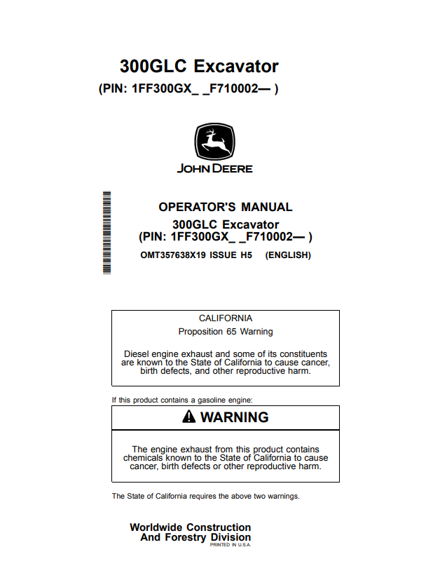 JOHN DEERE 300GLC EXCAVATOR OPERATOR MANUAL OMT357638X19