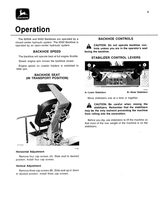 JOHN DEERE 9250A, 9450 AND 9550 BACKHOE OPERATOR MANUAL OMT73799
