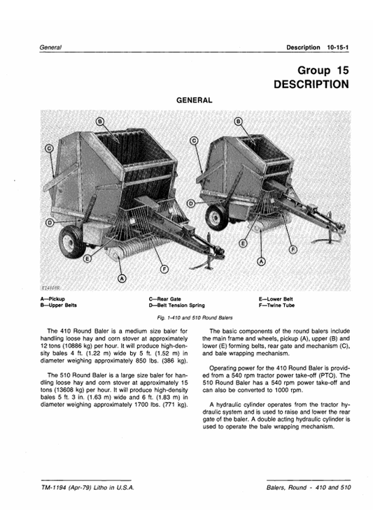 JOHN DEERE 410 AND 510 ROUND BALER TECHNICAL MANUAL TM1194
