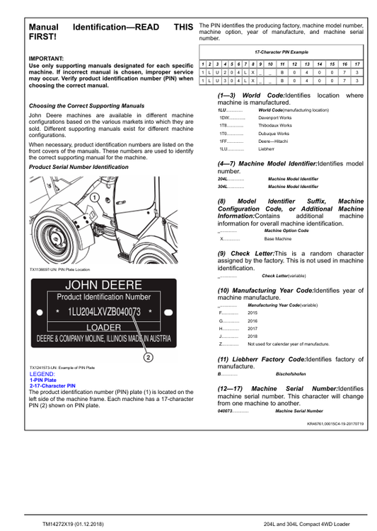 JOHN DEERE 204L, 304L COMPACT 4WD LOADER REPAIR MANUAL TM14272X19