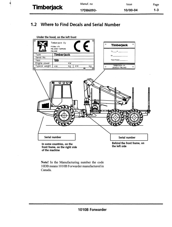 JOHN DEERE 1010B FORWARDER OPERATOR MANUAL F061130