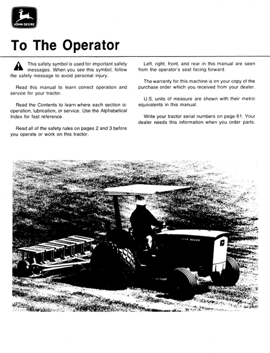 JOHN DEERE JD302 TRACTOR AND LOADER OPERATOR MANUAL OMT72111