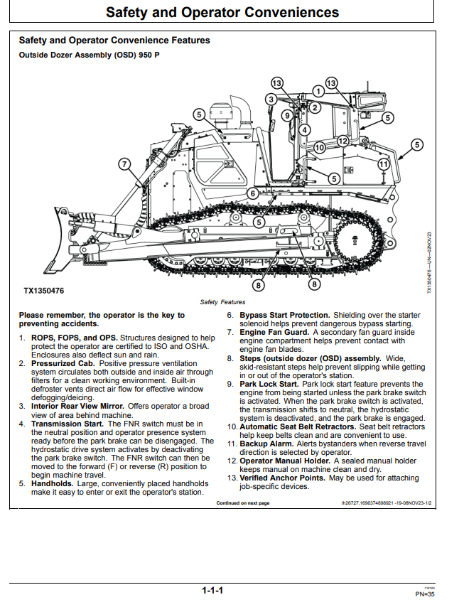 JOHN DEERE 950 P CRAWLER DOZER OPERATOR MANUAL OMT471396X019