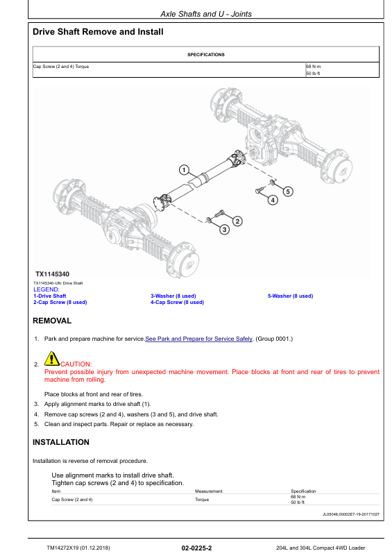 JOHN DEERE 204L, 304L COMPACT 4WD LOADER REPAIR MANUAL TM14272X19