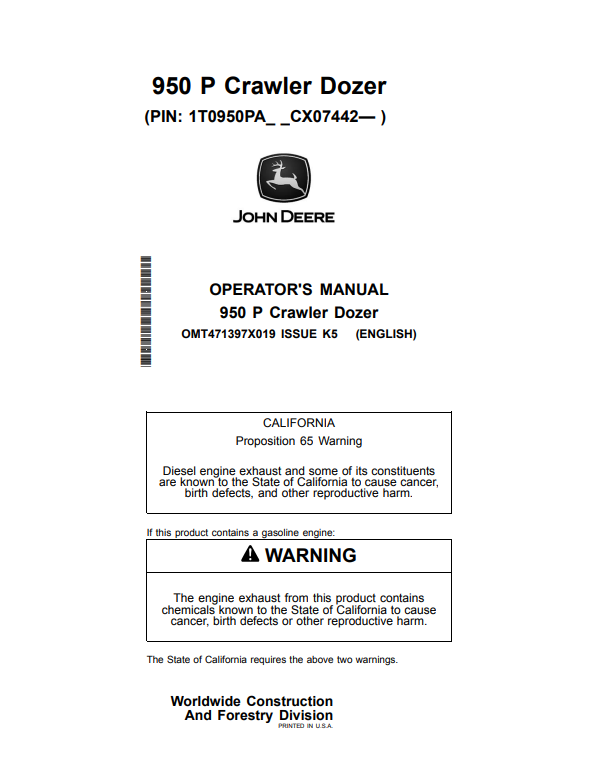 JOHN DEERE 950 P CRAWLER DOZER OPERATOR MANUAL OMT471397X019