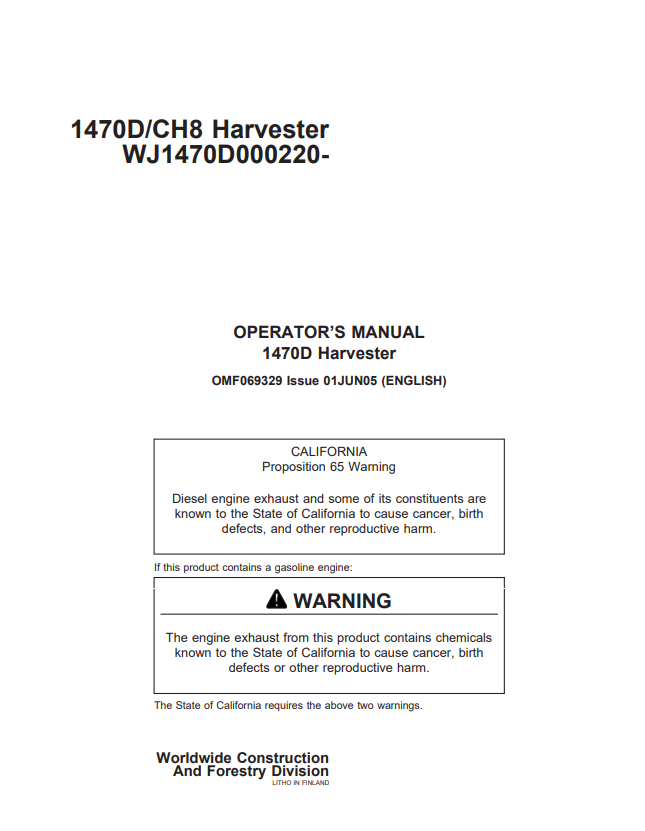 JOHN DEERE 1470D HARVESTER OPERATOR MANUAL OMF069329