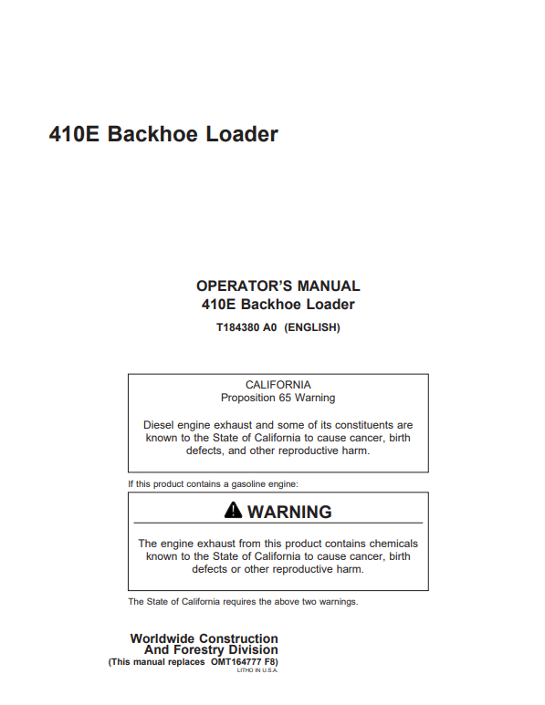JOHN DEERE 410E BACKHOE LOADER OPERATOR MANUAL OMT184380