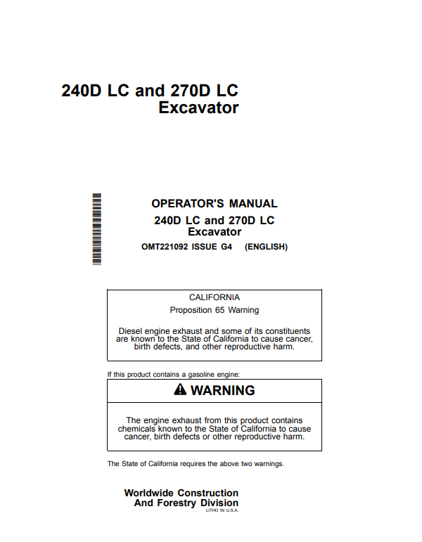JOHN DEERE 240D LC AND 270D LC EXCAVATOR OPERATOR MANUAL OMT221092