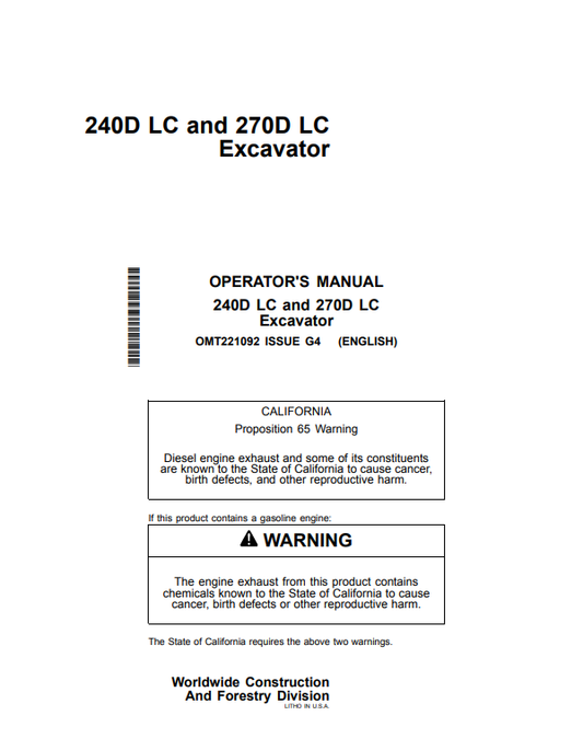 JOHN DEERE 240D LC AND 270D LC EXCAVATOR OPERATOR MANUAL OMT221092