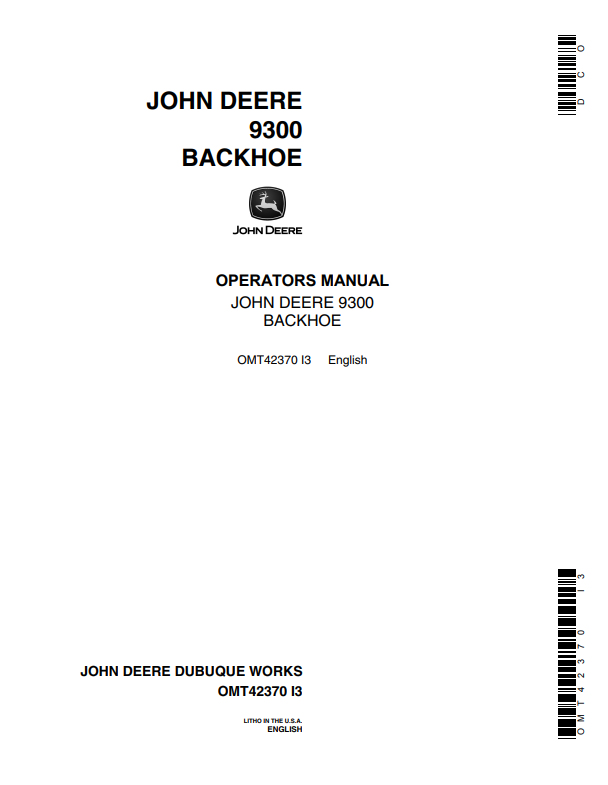 JOHN DEERE 9300 BACKHOE OPERATOR MANUAL OMT42370