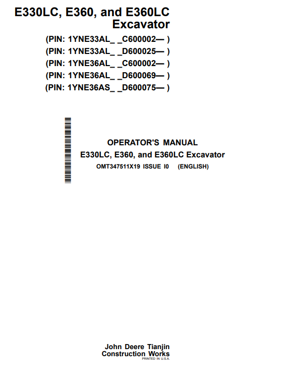 JOHN DEERE E330LC, E360, AND E360LC EXCAVATOR OPERATOR MANUAL OMT347511X19