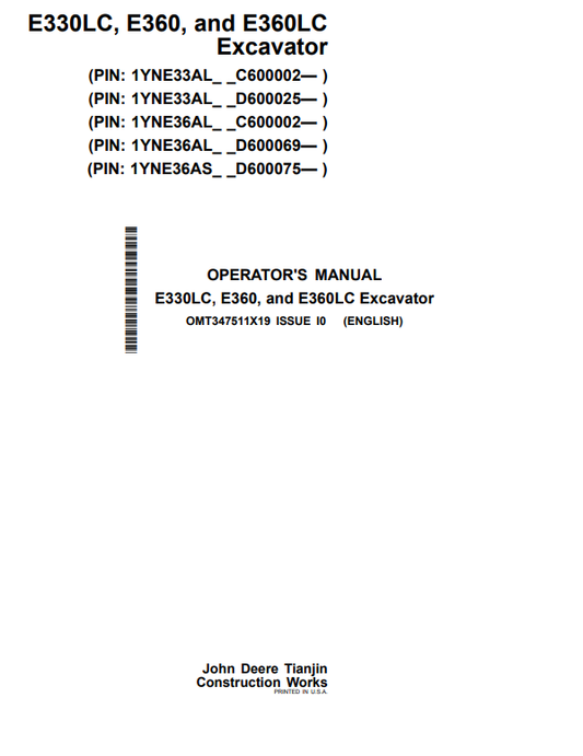 JOHN DEERE E330LC, E360, AND E360LC EXCAVATOR OPERATOR MANUAL OMT347511X19