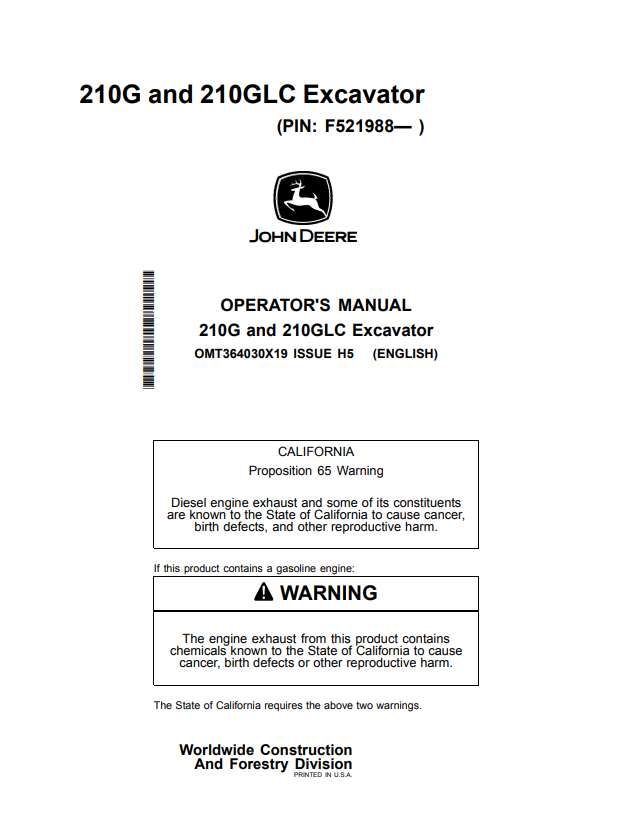 JOHN DEERE 210G AND 210GLC EXCAVATOR OPERATOR MANUAL OMT364030X19