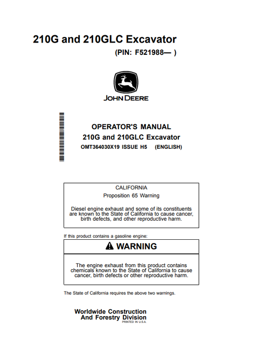 JOHN DEERE 210G AND 210GLC EXCAVATOR OPERATOR MANUAL OMT364030X19