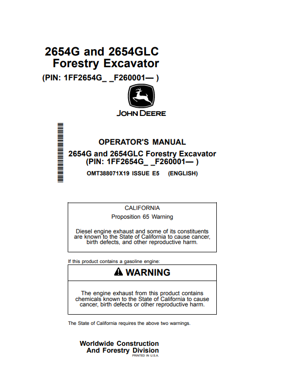 JOHN DEERE 2654G AND 2654GLC FORESTRY EXCAVATOR OPERATOR MANUAL OMT388071X19
