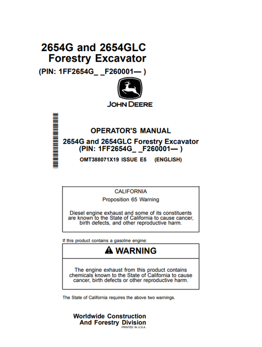 JOHN DEERE 2654G AND 2654GLC FORESTRY EXCAVATOR OPERATOR MANUAL OMT388071X19