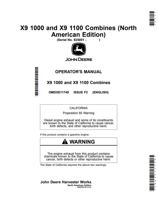 JOHN DEERE X9 1000 AND X9 1100 COMBINE OPERATOR MANUAL OMDXE11749