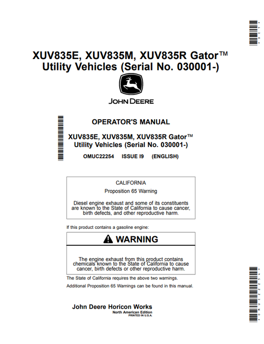 JOHN DEERE XUV835E, XUV835M, XUV835R GATOR™ UTILITY VEHICLE OPERATOR MANUAL OMUC22254