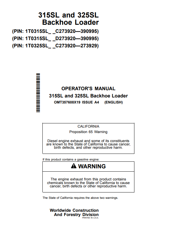 JOHN DEERE 315SL AND 325SL BACKHOE LOADER OPERATOR MANUAL OMT357608X19