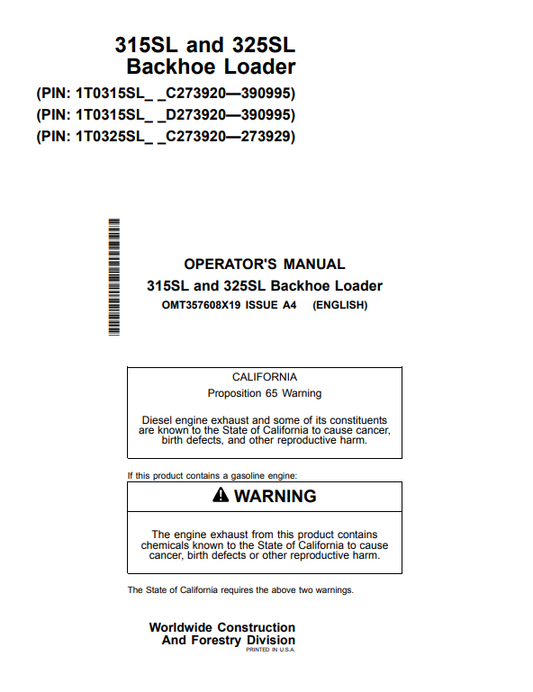 JOHN DEERE 315SL AND 325SL BACKHOE LOADER OPERATOR MANUAL OMT357608X19