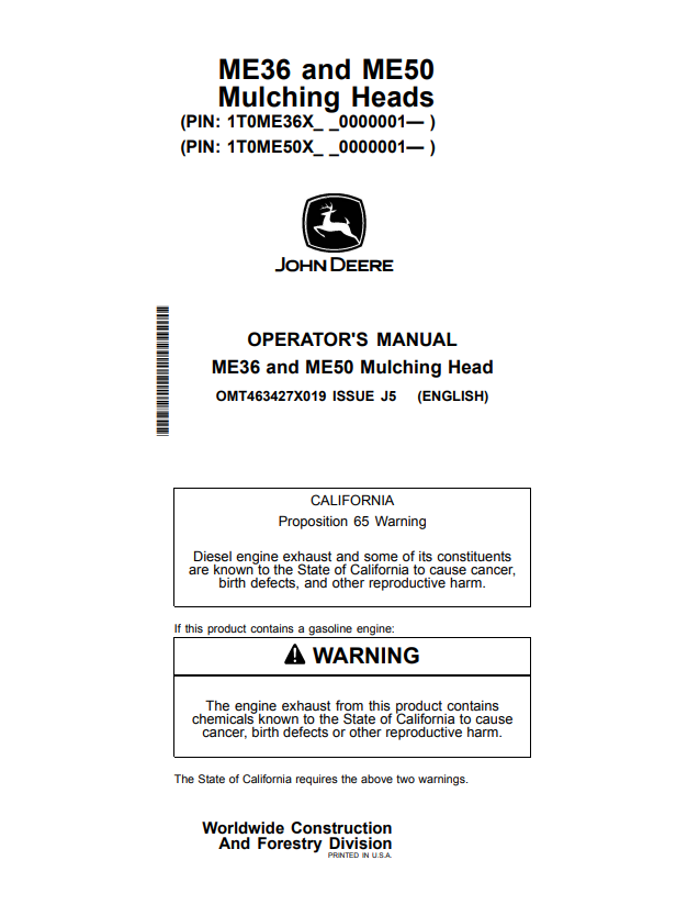 JOHN DEERE ME36 AND ME50 MULCHING HEAD OPERATOR MANUAL OMT463427X019