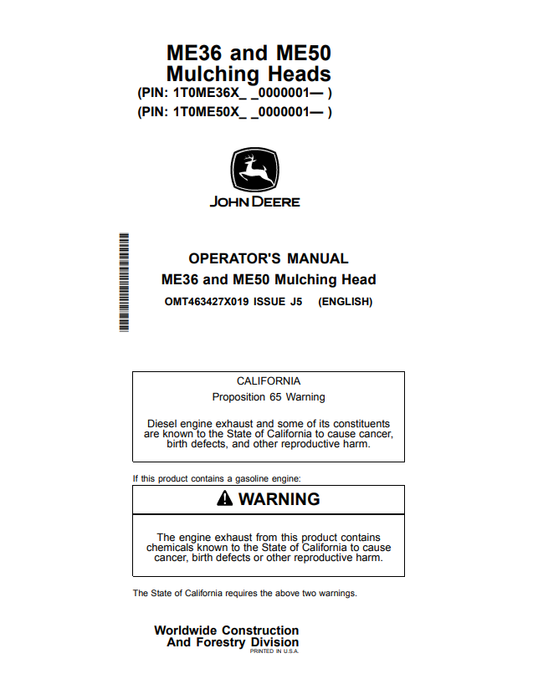 JOHN DEERE ME36 AND ME50 MULCHING HEAD OPERATOR MANUAL OMT463427X019