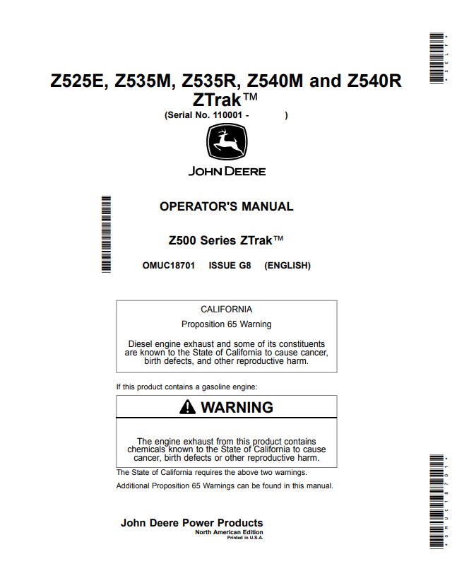 JOHN DEERE Z525E, Z535M, Z535R, Z540M AND Z540R Z500 SERIES ZTRAK™ OPERATOR MANUAL OMUC18701