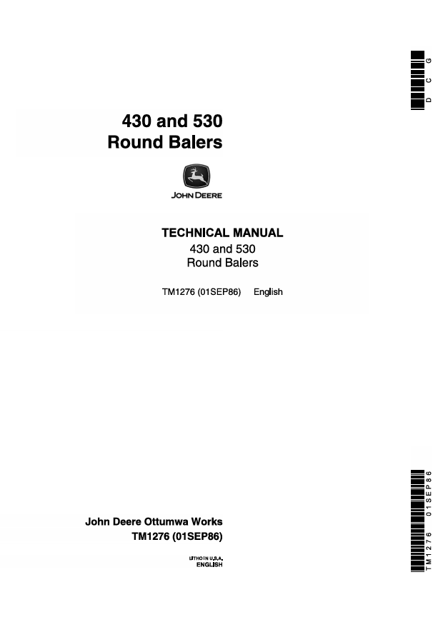 JOHN DEERE 430 AND 530 ROUND BALER TECHNICAL MANUAL TM1276