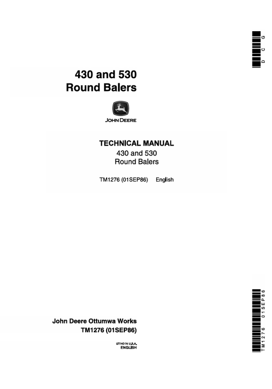 JOHN DEERE 430 AND 530 ROUND BALER TECHNICAL MANUAL TM1276