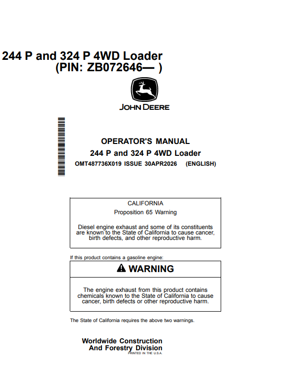 JOHN DEERE 244 P AND 324 P 4WD LOADER OPERATOR MANUAL OMT487736X019