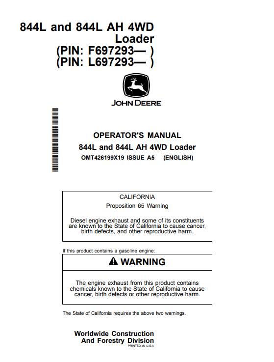 JOHN DEERE 844L AND 844L AH 4WD LOADER OPERATOR MANUAL OMT426199X19