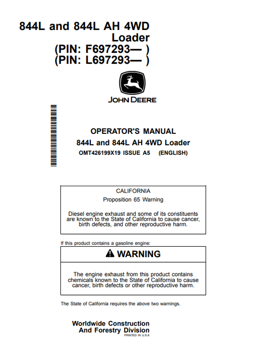 JOHN DEERE 844L AND 844L AH 4WD LOADER OPERATOR MANUAL OMT426199X19