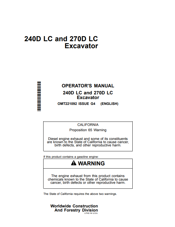 JOHN DEERE 240D LC AND 270D LC EXCAVATOR OPERATOR MANUAL OMT221092