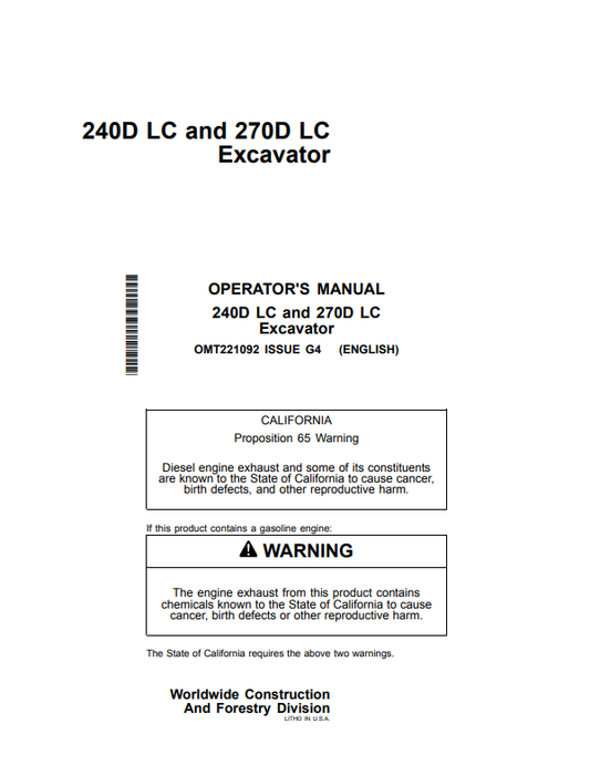 JOHN DEERE 240D LC AND 270D LC EXCAVATOR OPERATOR MANUAL OMT221092
