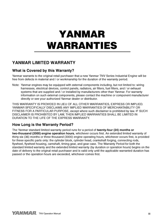 YANMAR 2TNV70, 4TNV106T INDUSTRIAL ENGINE OPERATION MANUAL 0ATNVG00101