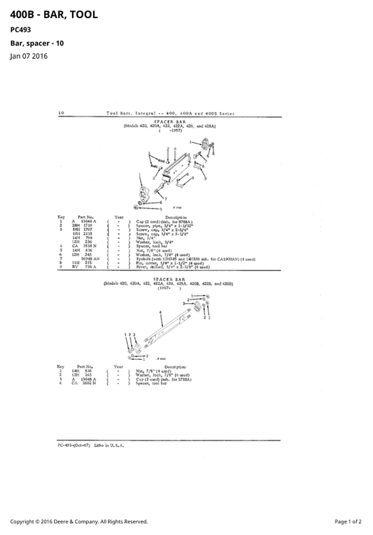 JOHN DEERE 400, 400A AND 400B SERIES INTEGRAL TOOL BAR PARTS CATALOGUE MANUAL PC493